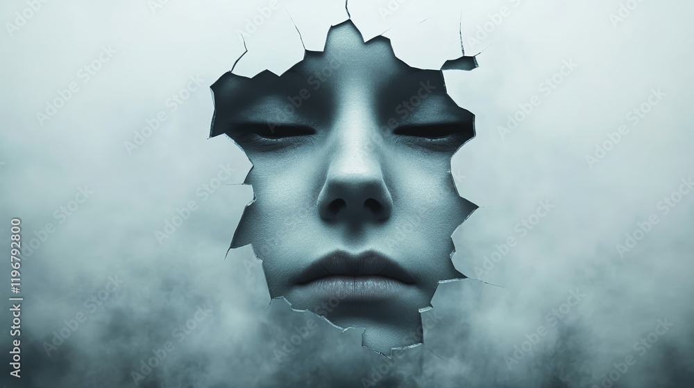 Poster a shattered mirror with fragmented reflections of a single face, surrounded by dark smoky haze, repr
