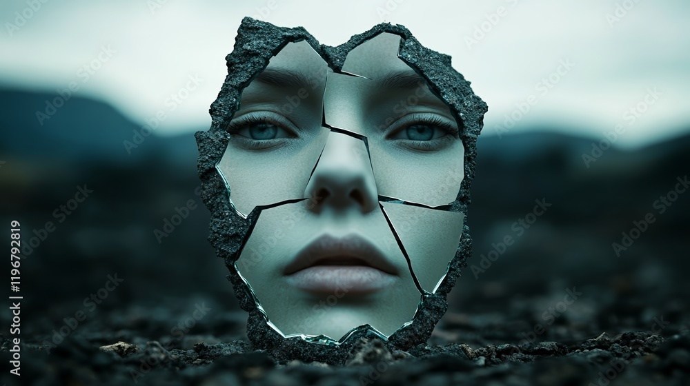 Poster a shattered mirror with fragmented reflections of a single face, surrounded by dark smoky haze, repr