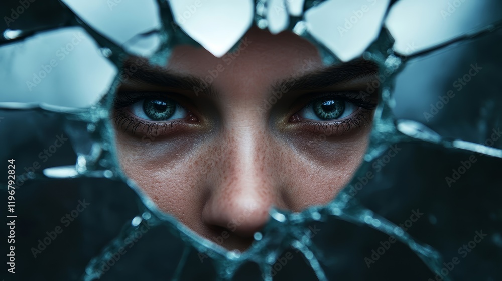Poster a shattered mirror with fragmented reflections of a single face, surrounded by dark smoky haze, repr