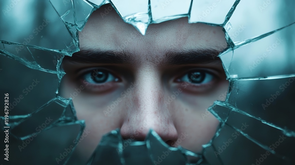 Poster a shattered mirror with fragmented reflections of a single face, surrounded by dark smoky haze, repr