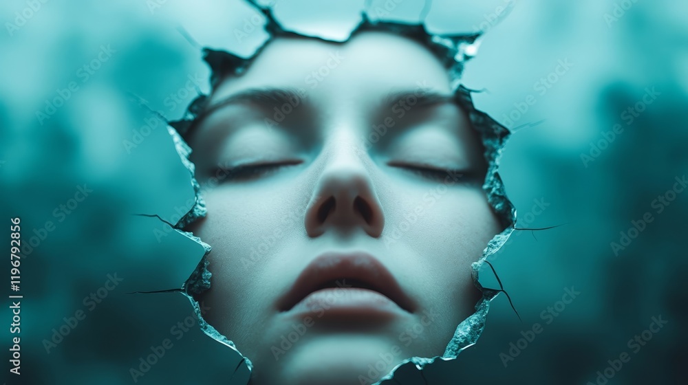 Poster a shattered mirror with fragmented reflections of a single face, surrounded by dark smoky haze, repr
