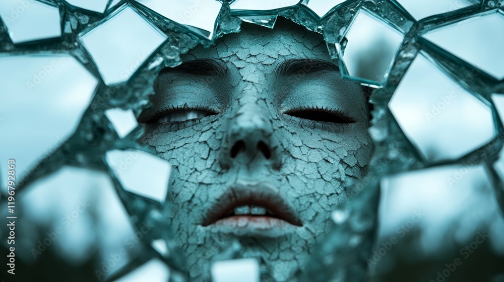 Poster a shattered mirror with fragmented reflections of a single face, surrounded by dark smoky haze, repr