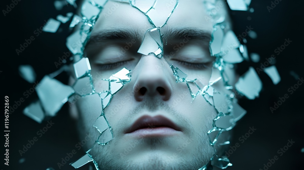 Poster A shattered mirror with fragmented reflections of a single face, surrounded by dark smoky haze, representing distorted reality and confusion 