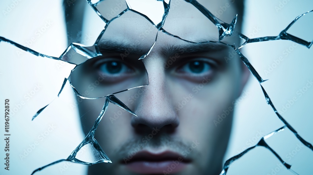 Poster a shattered mirror with fragmented reflections of a single face, surrounded by dark smoky haze, repr