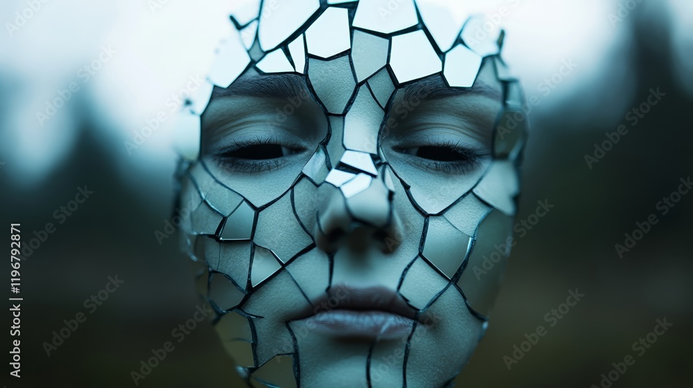 Poster a shattered mirror with fragmented reflections of a single face, surrounded by dark smoky haze, repr