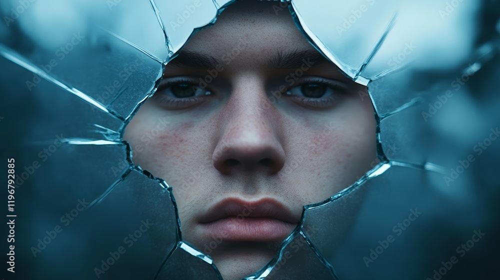 Poster a shattered mirror with fragmented reflections of a single face, surrounded by dark smoky haze, repr