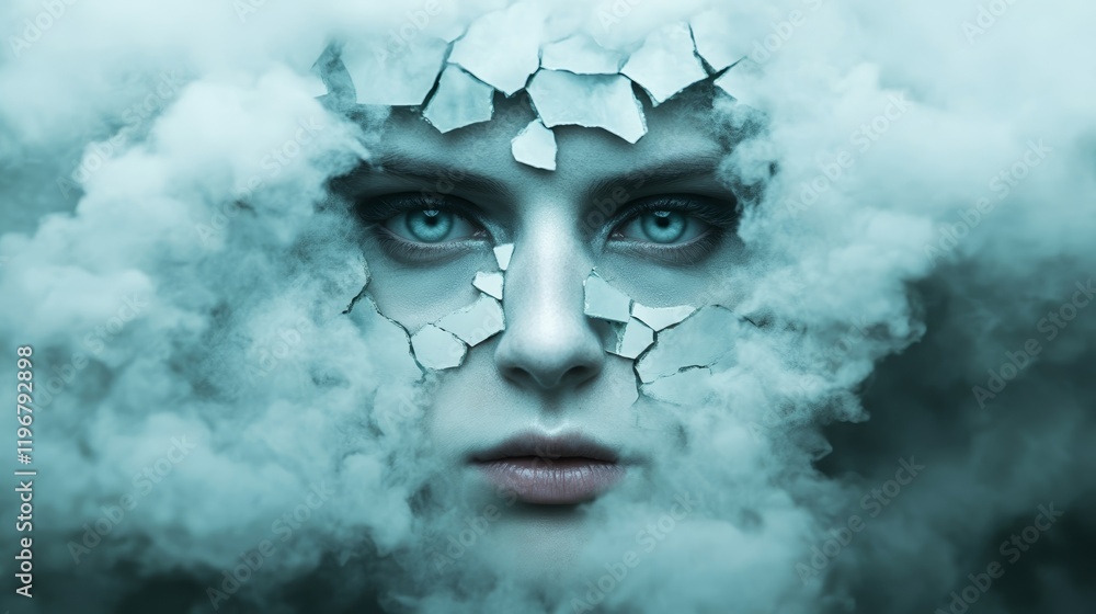 Poster a shattered mirror with fragmented reflections of a single face, surrounded by dark smoky haze, repr