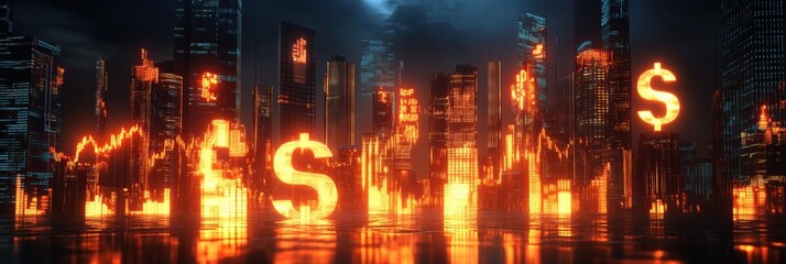 A futuristic cityscape representing corporate finance with glowing stock symbols