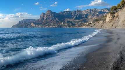 Breathtaking coastal landscape with gentle waves rolling towards the pebbly beach under a brilliant...