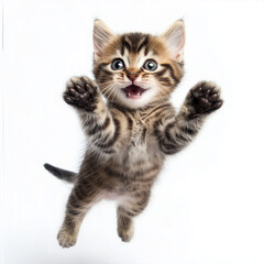 Obraz premium Energetic tabby kitten flying on white background