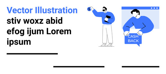 Business characters engaging with text blocks and a cash back speech bubble. Ideal for marketing, promotions, business presentations, financial services, customer engagement, advertising campaigns