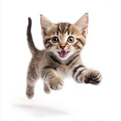 Obraz premium Energetic tabby kitten flying on white background