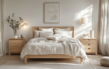 Scandinavian bedroom with clean lines, light wood nightstands, and soft ambient lighting