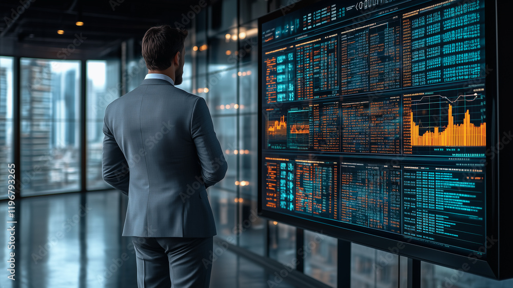 Poster strategist: a pensive businessman in a sharp suit stands before a large screen displaying complex fi