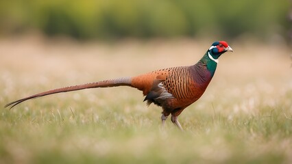 
Male common pheasant walking on the green meadow, blurred background, Phaseanus colchicus. A closeup of a common pheasant