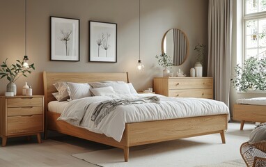 Scandinavian bedroom with light wood furniture, soft linens, and a calm atmosphere