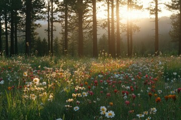 Obraz premium Serene Sunrise over a Colorful Wildflower Meadow Surrounded by Lush Green Trees in a Peaceful Natural Landscape