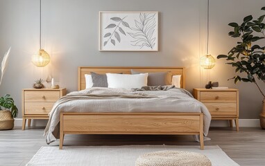 Scandinavian bedroom with clean lines, light wood nightstands, and soft ambient lighting