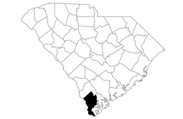 Map of Jasper County in South Carolina state on white background. single County map highlighted by black colour on South Carolina map. UNITED STATES, US
