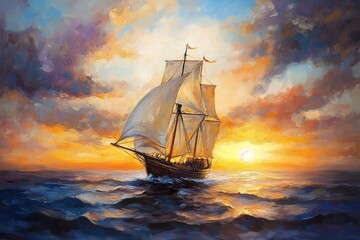 Obraz premium A sailboat glides across the ocean at sunset.