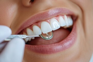 Dental examination with hygienist using tool to check patient&rsquo;s teeth and gums in a modern clinic setting