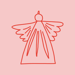 Christmas ornament in shape of angel in cute doodle style, vector illustration isolated on pink background. Hand drawn outline of hanging Christmas tree decoration.