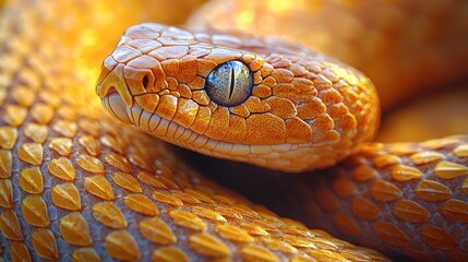 Fototapeta premium Intricate Scales and Intense Gaze A Captivating Close-up of a Vibrant Orange Snake Coiled in Detailed Texture, Showing Its Bright Color and Remarkable Detail in Nature Photography