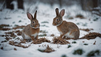 Fototapeta premium Two rabbits sitting on snow-covered ground amidst dried grass.