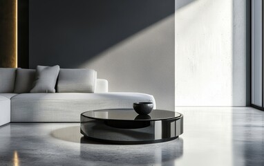 A sleek round coffee table made of glass and metal, placed in a minimalist living room on a polished concrete floor