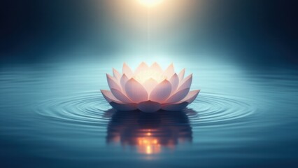 Lotus floats on calm water with ripples and an aura of light above. A visual metaphor for meditation, mindfulness, and achieving inner peace