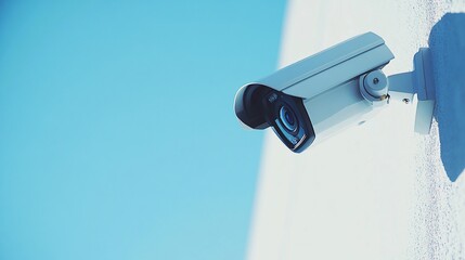 A security camera mounted on a wall, capturing surveillance footage against a bright blue sky background.