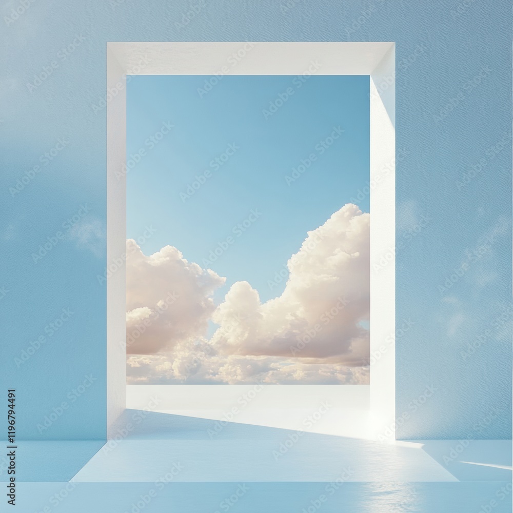Aufkleber Open doorway revealing a bright sky with clouds in a minimalist setting suitable for text placement. Generative AI