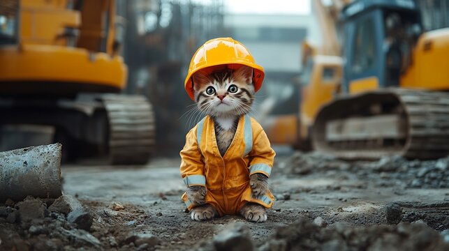 Construction cat in hard hat construction site animal photography urban playful