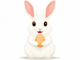 Obraz premium Fluffy white bunny holding a golden egg seated gracefully against a plain white background in an Easter themed illustration