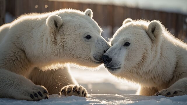 Two polar bears nuzzle in a snowy landscape, showcasing affection and warmth in nature. - Powered by Adobe