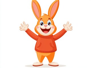 Cheerful orange bunny in a red sweater raising its arms joyfully with a bright backdrop in a playful cartoon style