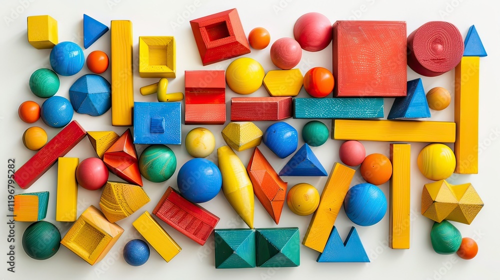 Poster a collection of colorful geometric shapes in a random arrangement.