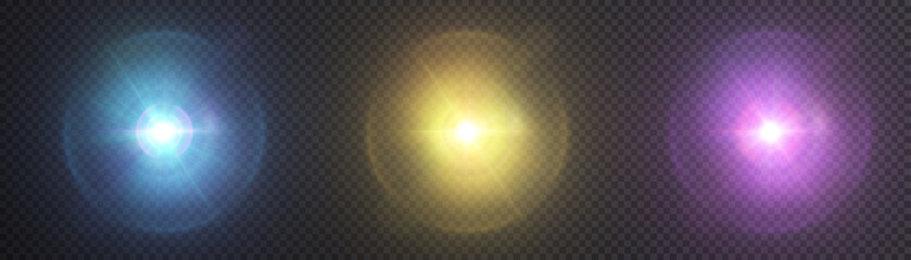 Abstract set of colorful light effects, shimmering bright glare reflections of light lens. For graphic design and game interfaces.

