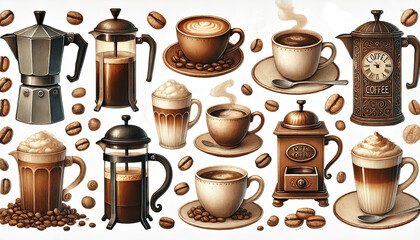 Coffee Drinks and Brewing Tools Collection.