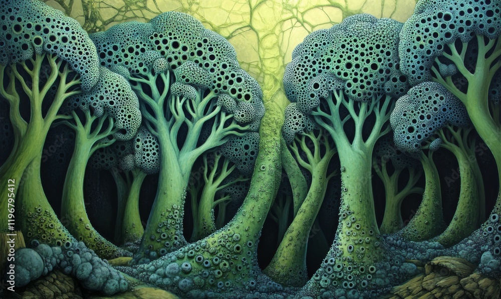 Poster a painting of a forest with trees that have many leaves and branches