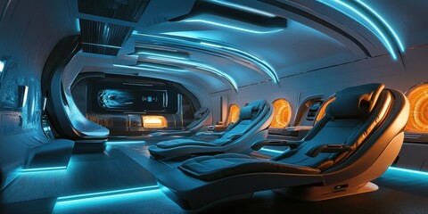 A futuristic home theater room with reclining chairs and ambient blue lights