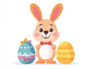 Smiling Easter bunny holding a decorative egg with vibrant colors surrounded by festive eggs bringing joy and celebration to seasonal designs