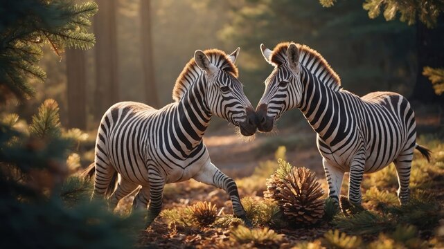 Two zebras playfully interacting in a forest setting, surrounded by pine trees and cones. - Powered by Adobe