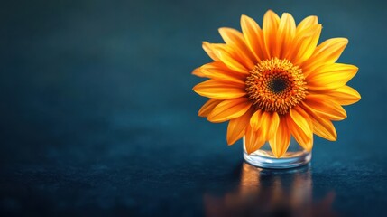 A vibrant yellow sunflower in a clear glass vase, set against a blurred blue background, creating a cheerful and fresh atmosphere.
