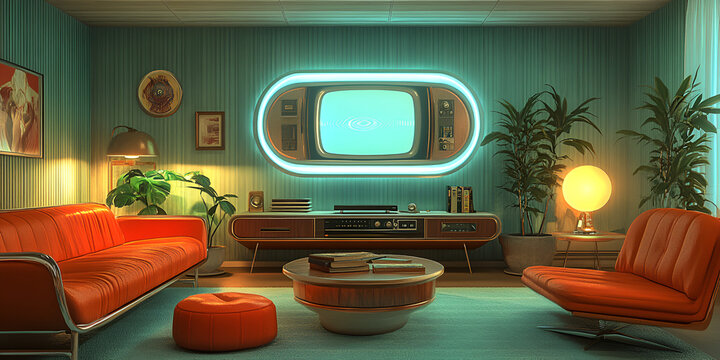 Retro living room with neon futuristic TV and vintage furniture, Mid-century modern room with retro design and futuristic elements
