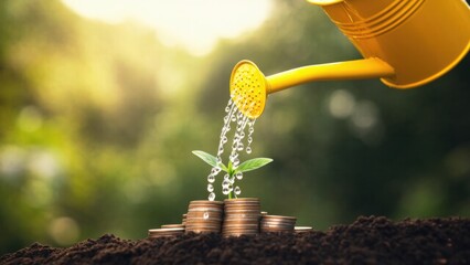 Watering can nourishes a young plant growing from coins, symbolizing investment fueling success and innovation in funding rounds