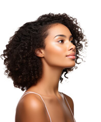 side view portrait of a young black woman with curly hair isolated on white or transparent png
