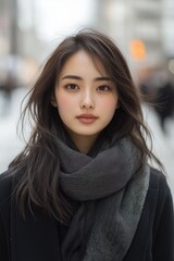 Obraz premium Asian woman with an ultra-pretty face, dressed in a contemporary style, standing gracefully in an indoor setting that emphasizes her poised and fashionable appearance.