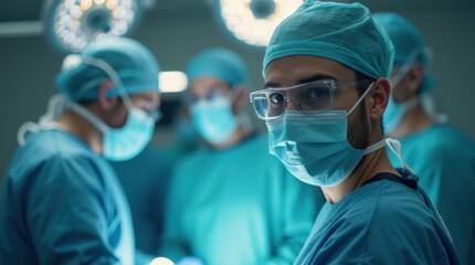 Focused Surgeon in Operating Room with Medical Team and Bright Surgical Lights