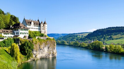 Obraz premium Scenic view of a castle beside a river in a lush landscape.